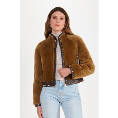 FURNIQ UK LLC Shearling Studded Jacket in Brown at Nordstrom, Size Xx-Large | Nordstrom