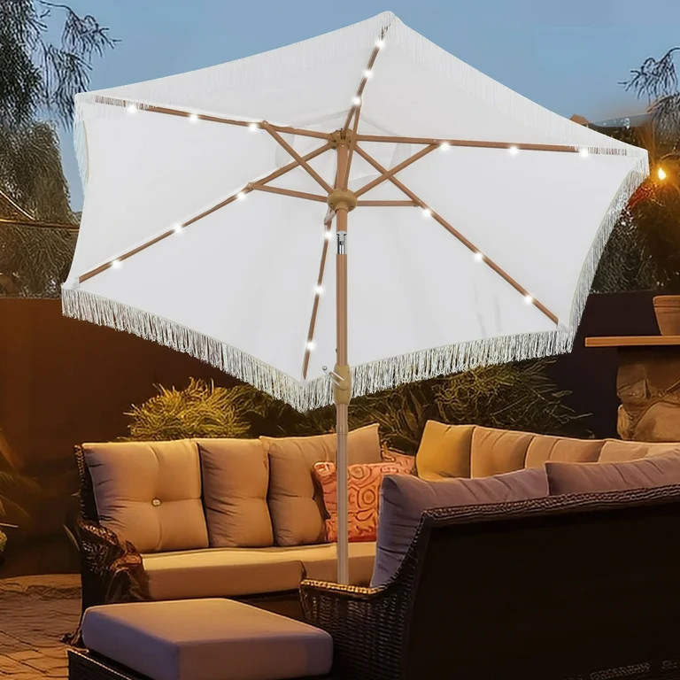 Autlaycil 7.5 ft Patio Umbrella with Tassel Fringe Stylish, 18 LED Lights Solar Umbrella (White) | Walmart (US)