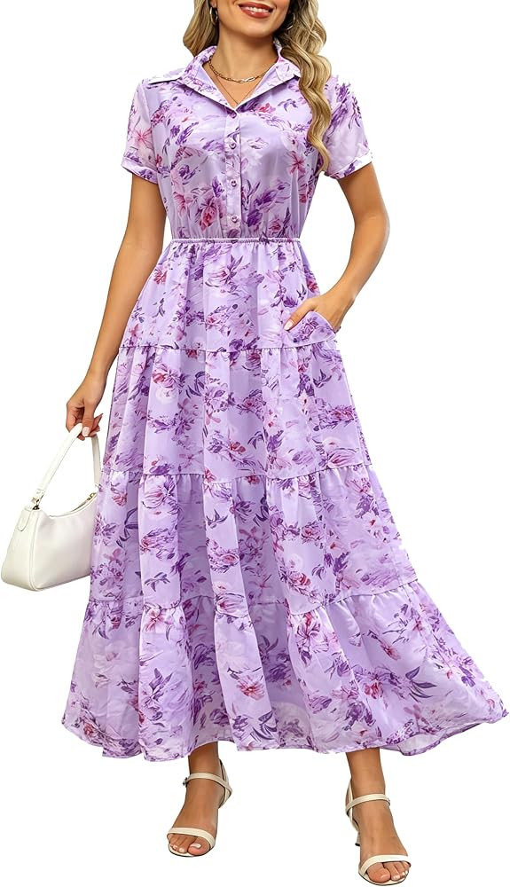 Kranda Women 2026 Summer Collared V Neck Short Sleeve Button Down Chiffon Long Tiered Floral Maxi... | Amazon (US)
