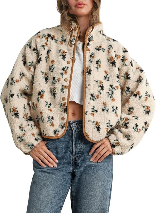 Joiemont Womens Floral Print Fluffy Fleece Jacket Snap Button Winter Teddy Fleece Jacket Casual F... | Amazon (US)