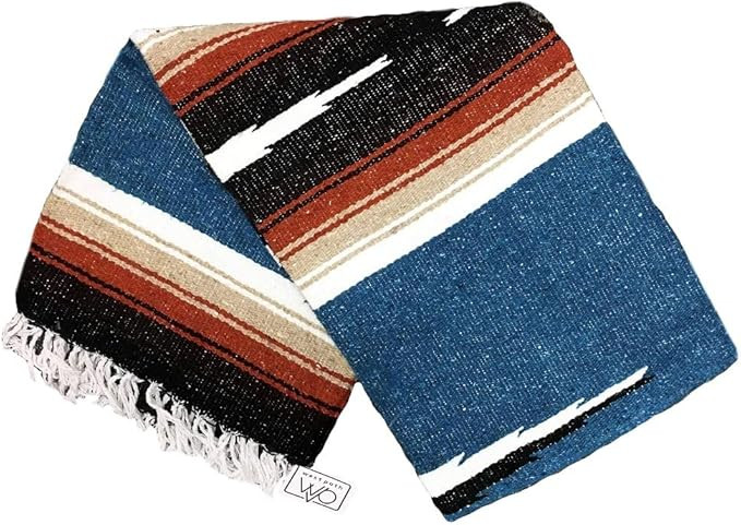 Blue Mexican Yoga Blanket -- Thick Navajo Diamond Serape Indigo with Tan / Khaki and Red / Maroon... | Amazon (US)