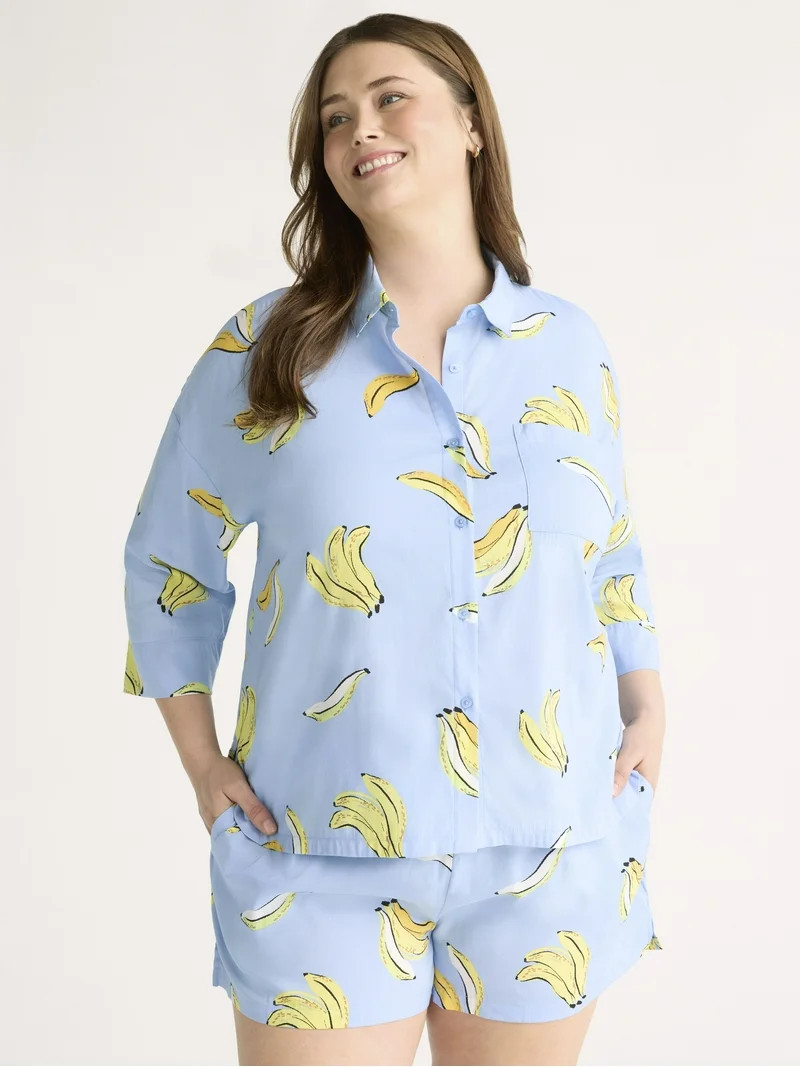 Joyspun Women’s Woven ¾ Sleeve Notch Collar Top and Boxer Shorts Pajama Set, Sizes XS-3X - Wal... | Walmart (US)