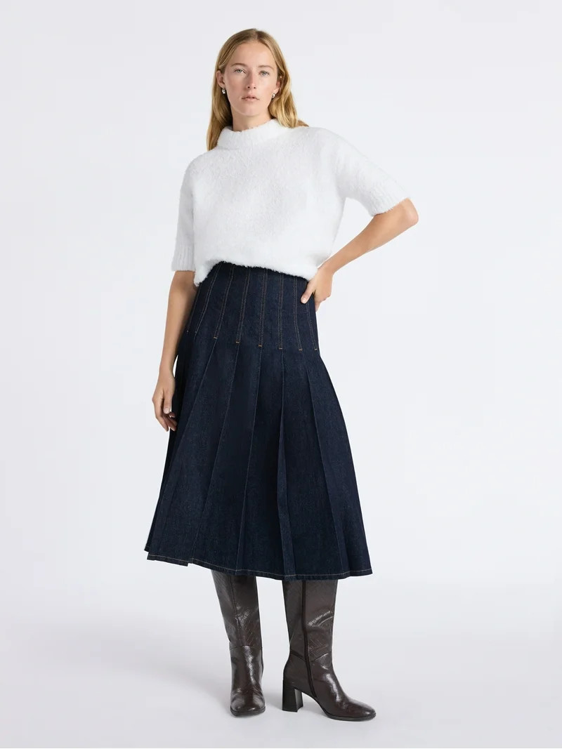 Free Assembly Women's and Women's Plus Stitch Pleated Denim Maxi Skirt, Size 0-28 | Walmart (US)