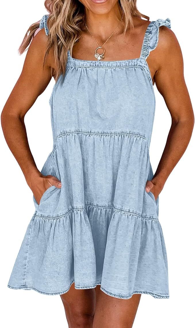Newffr Womens Summer Denim Dress Square Neck Ruffle Trim Sleeveless Babydoll Dress Flowy Jean Dre... | Amazon (US)