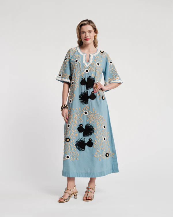 Embroidered Peacock Charming Caftan - Light Blue/Black | Frances Valentine