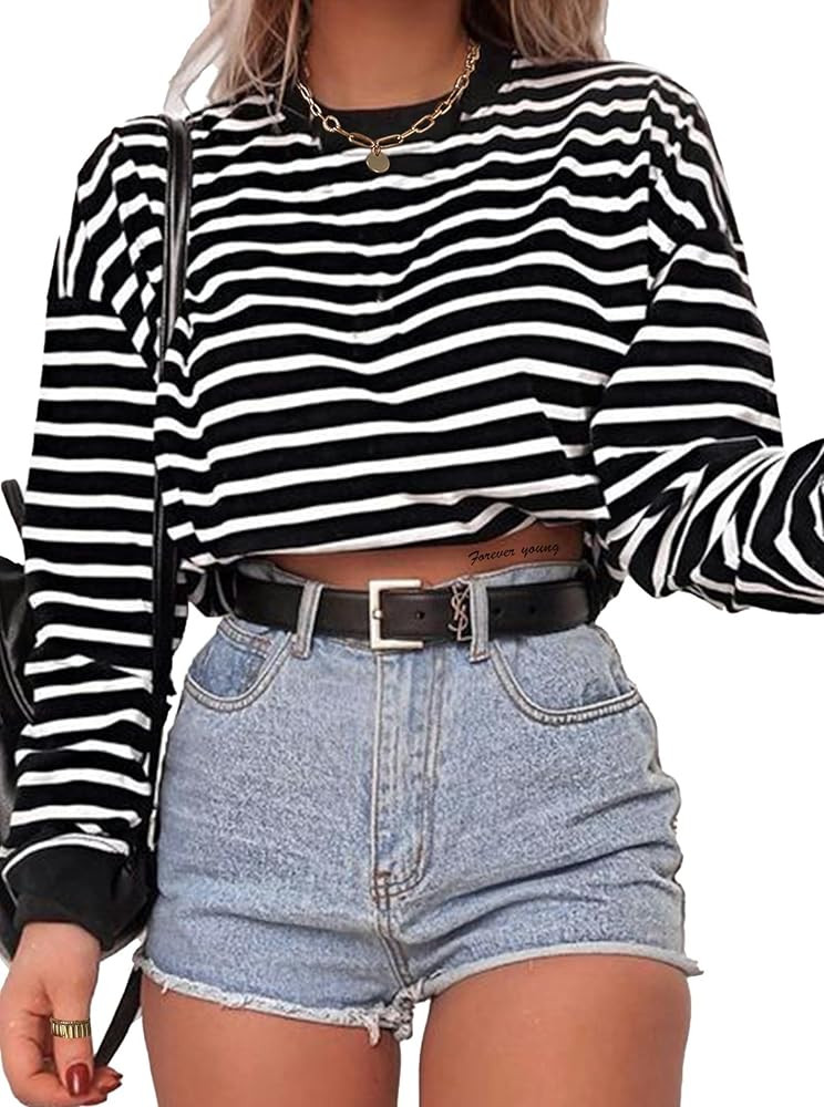 LilyCoco Womens Striped Crop Sweatshirt Crewneck Long Sleeve Pullover Drop Shoulder Tops | Amazon (US)