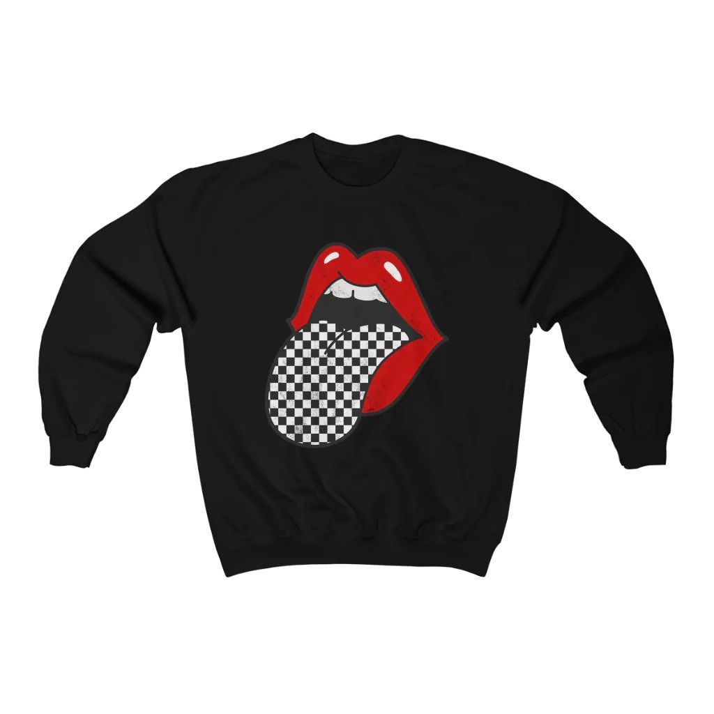 Red Lips Checkered Tongue Out Distressed Unisex Crewneck Sweatshirt | Always Stylish Mama