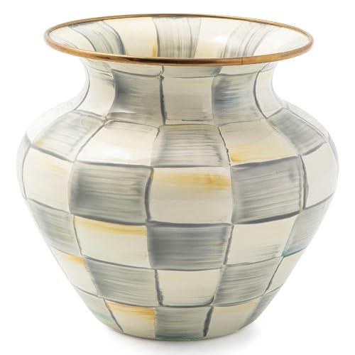 MACKENZIE-CHILDS Large Enamel Vase, Unique Flower-Vase Decor for Living Room, Gray-and-White Sterling Check | Amazon (US)