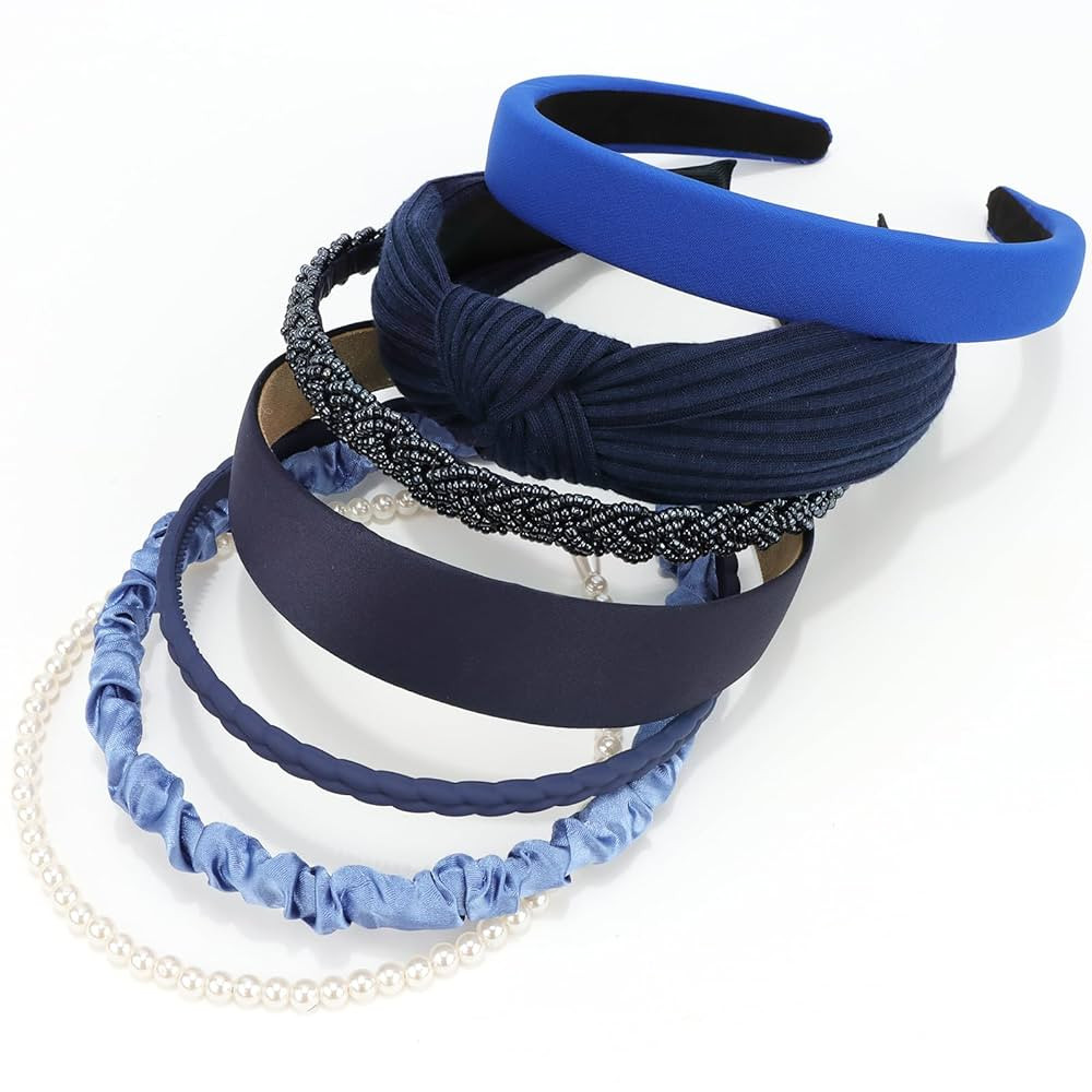 VELSCRUN Headbands for Women 7 Pcs Different Navy Blue Knotted Solid Pearl Head Bands Non Slip Ha... | Amazon (US)