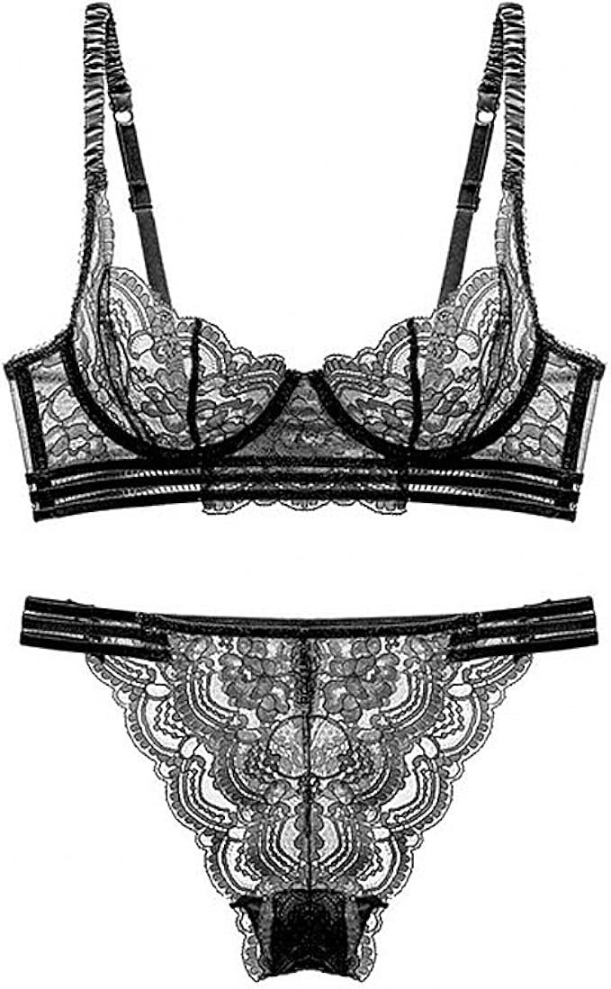 Women's Sexy Soft Lace Lingerie Set See Through Underwear Floral Lace Underwire Sheer Bra and Pan... | Amazon (US)