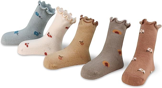 Toddler Baby Socks Ankle Crew Cotton Newborn Socks Non Skid Flower Cut Cute Socks 5pcs Assorted C... | Amazon (US)