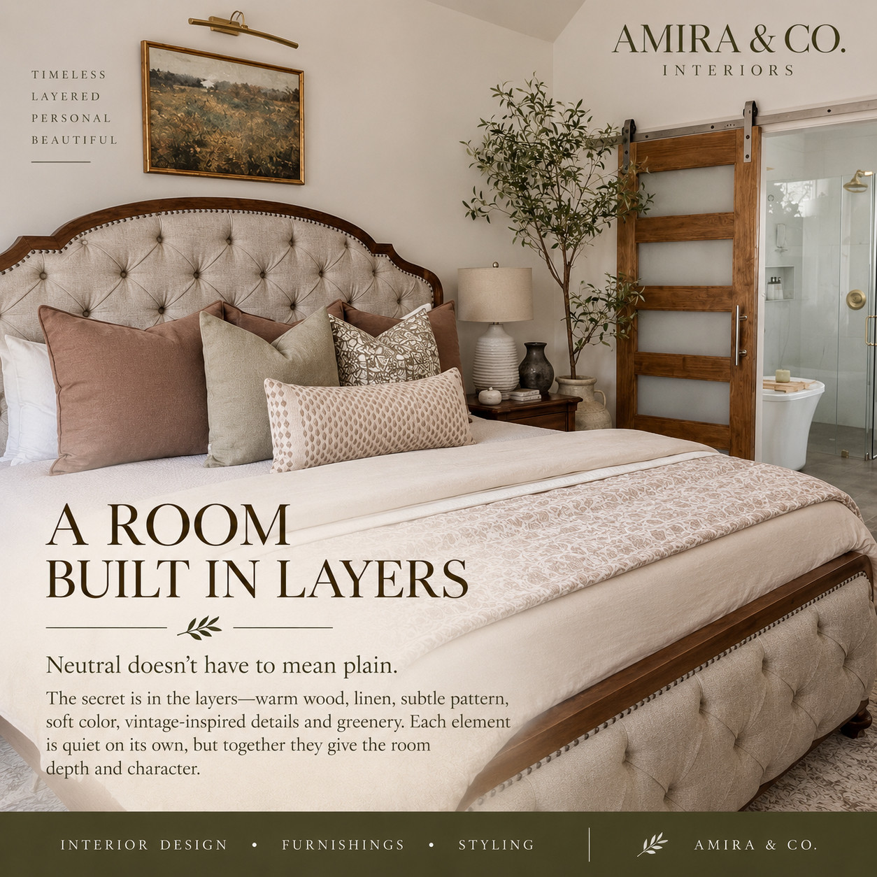 Neutral doesn’t have to mean plain. 🤎
The secret is in the layers—warm wood, soft linens, subtle pattern, greenery, and just enough contrast to give the room depth.
When each element is beautiful but quiet, the finished space feels collected, comfortable, and timeless.
It’s all in the layers. ✨
— Amira & Co. Interiors 

 