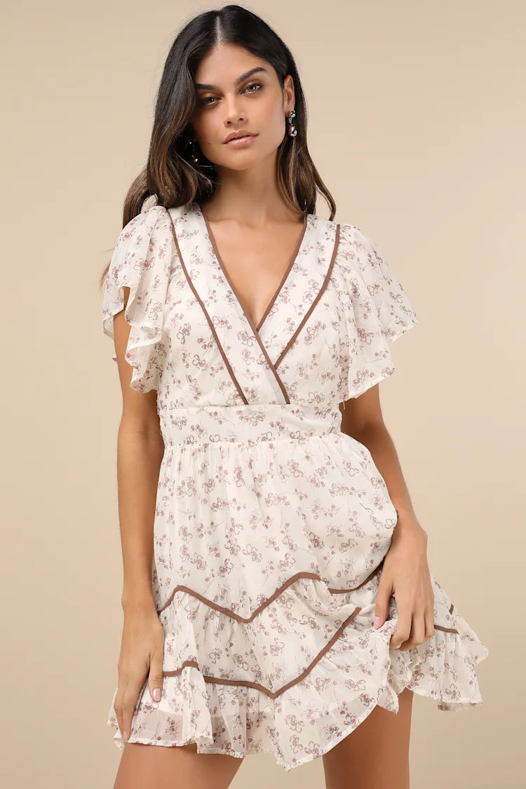 Adored Outing Ivory Floral Flutter Sleeve Surplice Mini Dress | Lulus