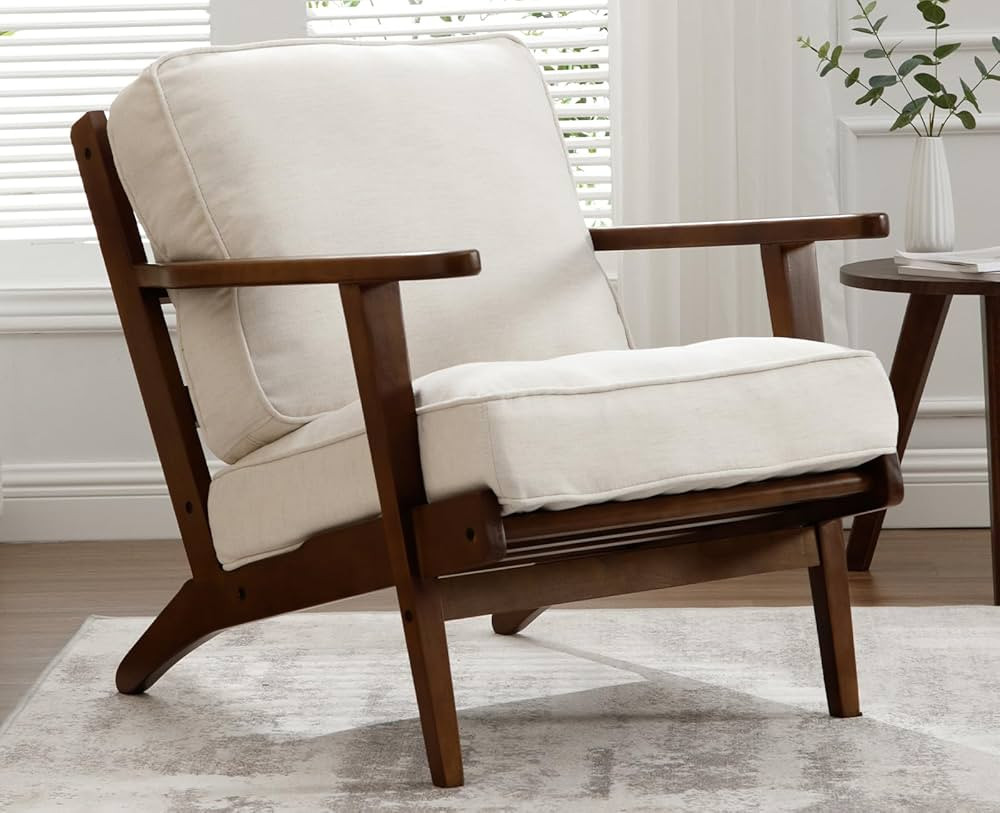 Kmax Mid Century Accent Chair Linen Fabric Reading Chair with Solid Wood Frame & Removable Cushio... | Amazon (US)