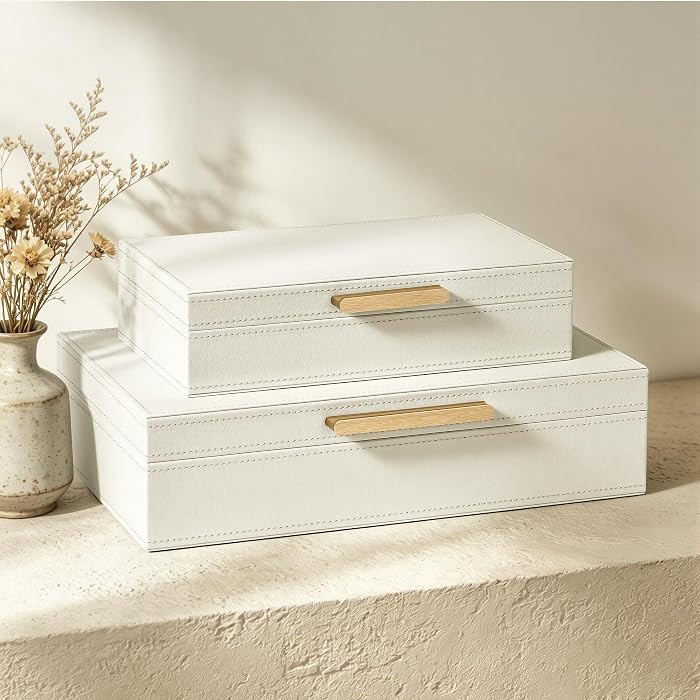JARLINK Decorative Storage Boxes with Lids, PU Leather Bins, 2 Pack, White | Amazon (US)