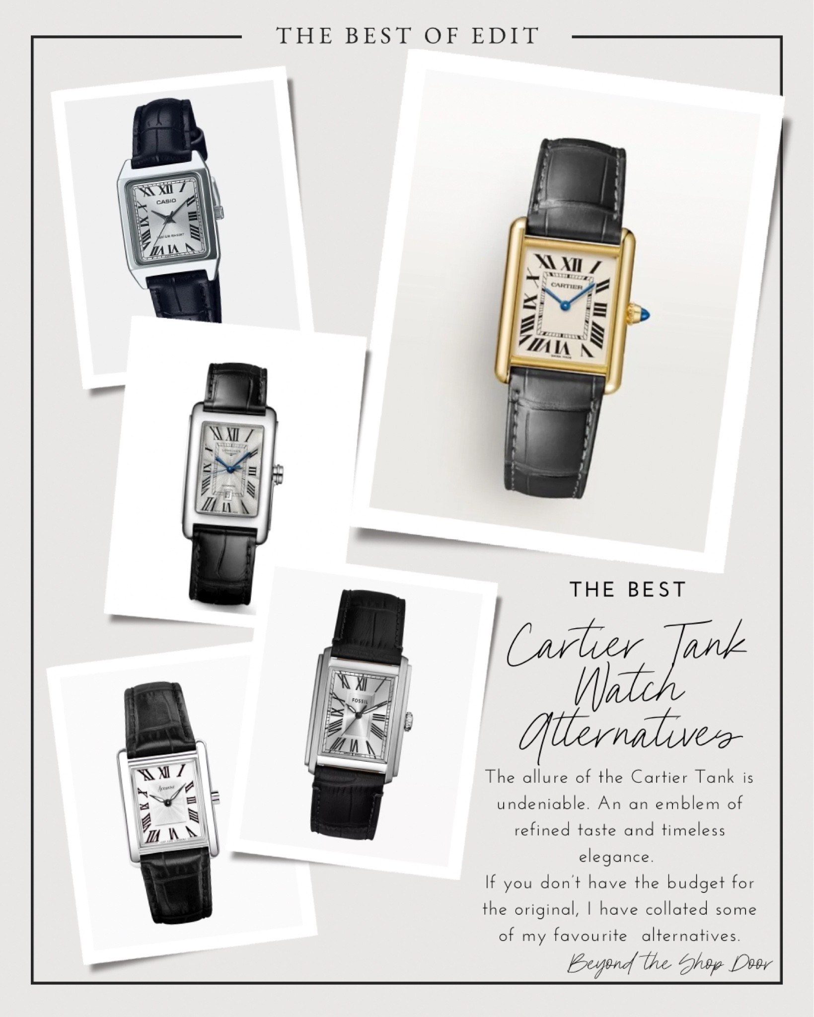 The Best Cartier Tank Watch Alternatives - Black Leather

The allure of the Cartier Tank is undeniable. It is the epitome of refined taste and timeless elegance. 

If you don’t have the budget for the original, I have collated some of my favourite alternatives.

Cartier | Fossil | Longines | Casio | Rosefield


#LTKOver40 #LTKStyleTip