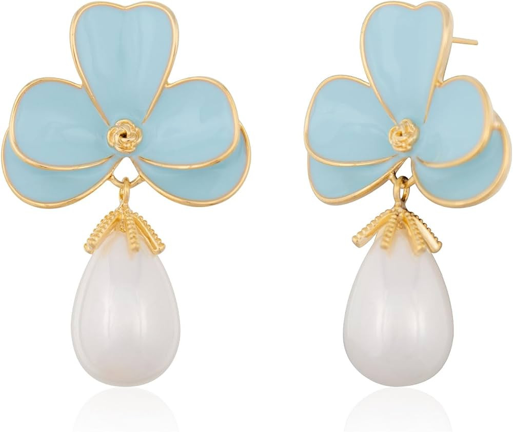 Large Flower Teardrop Pearl Enamel 14K Gold Plated Dangle Earrings for Women Big Floral CZ drop Ball Bead for Girls Gifts | Amazon (US)