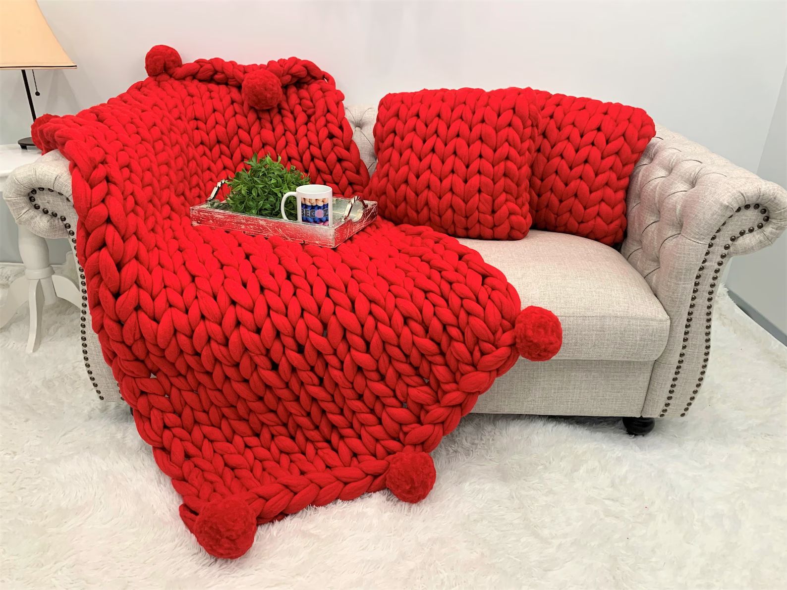 Chunky knit blanket, Merino wool blanket with Pom poms, Merino Wool Throw, Giant knit blanket, Ch... | Etsy (US)