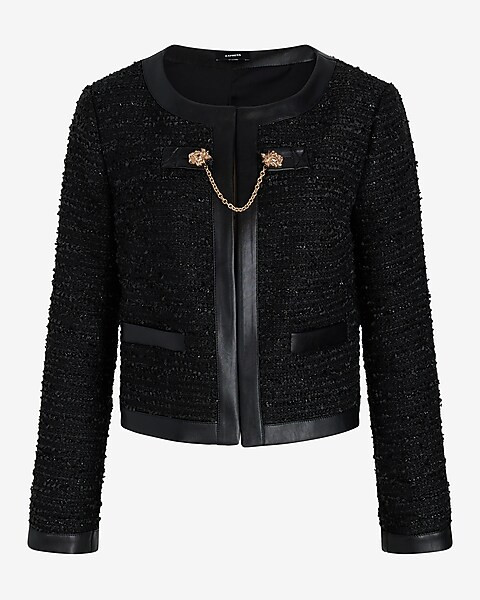 Tweed Faux Leather Pieced Chain Strap Jacket | Express