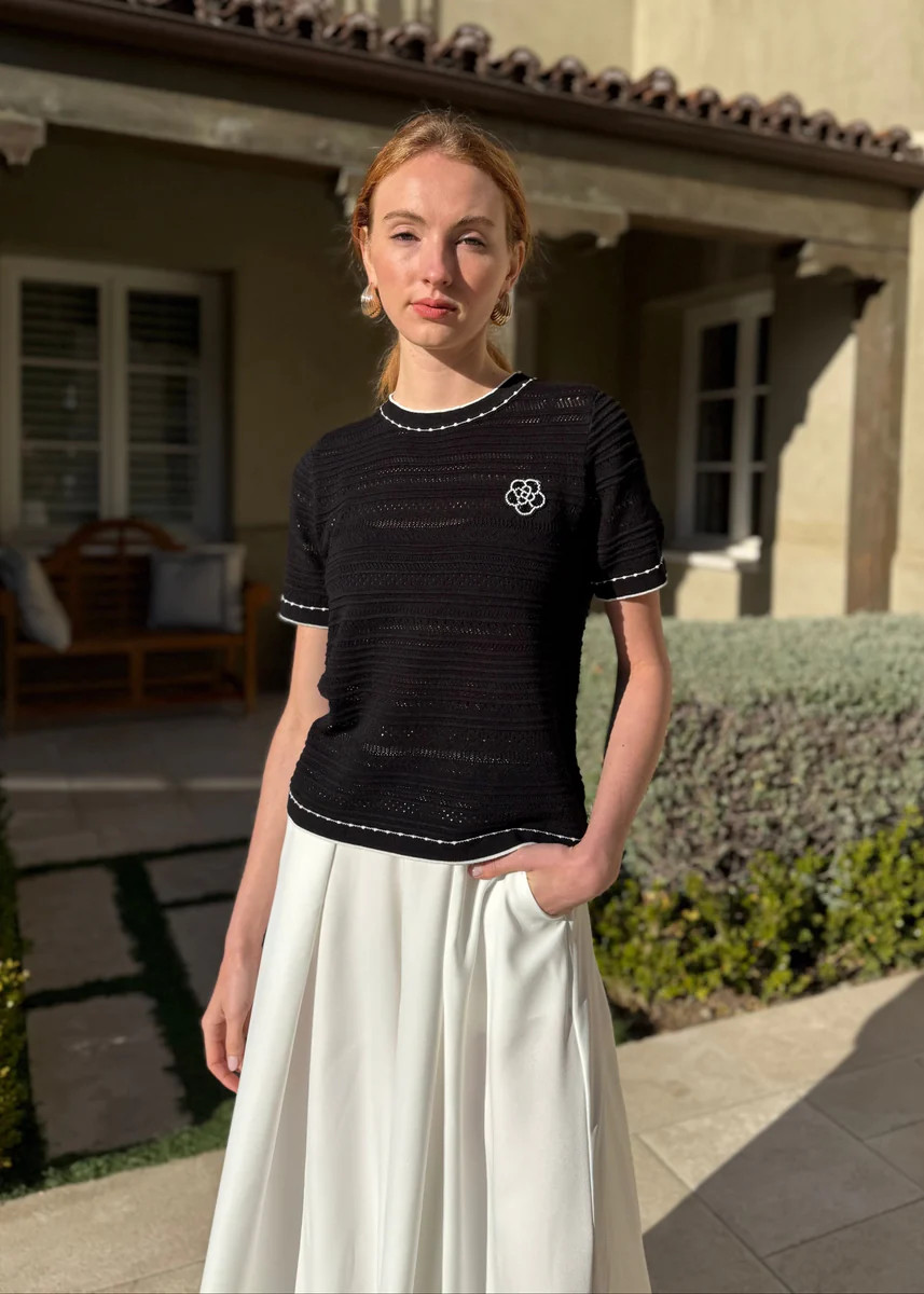 Carson Black with White Trim Short Sleeve Top with Flower Applique | Benaar La