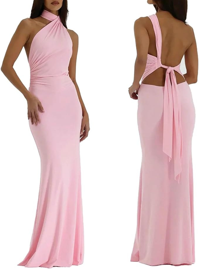 Women Sexy Backless Dress Halter Cut Out Bodycon Maxi Dresses Wedding Guest Beach Vacation | Amazon (US)
