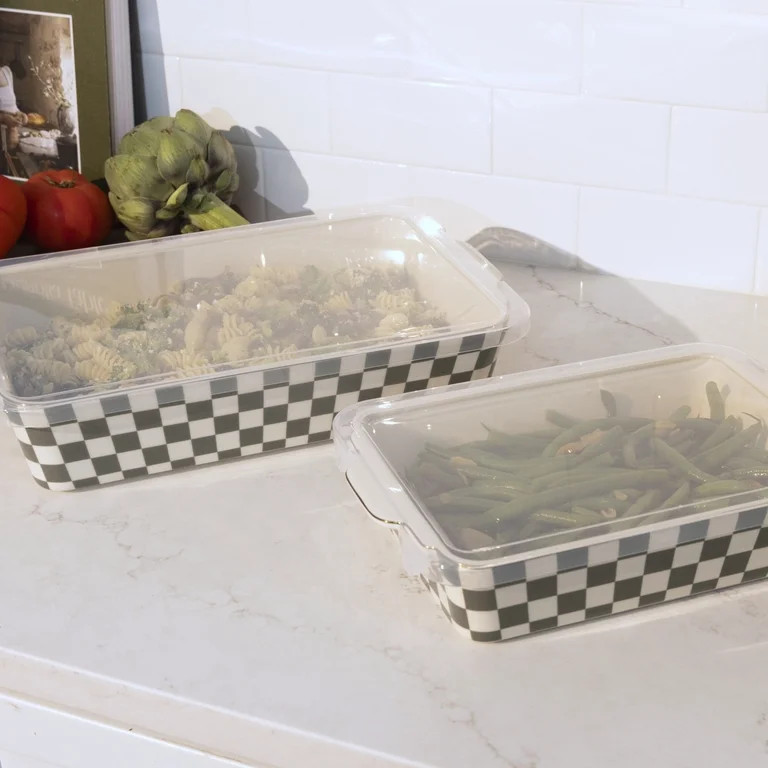 Thyme & Table 4-Piece Checkered Ceramic Casserole Dish Bakeware Set, Includes Lids, 9"x13" , 7"x1... | Walmart (US)