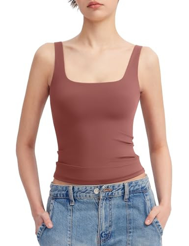 PUMIEY Women's Square Neck Tank Tops Sleeveless Double Lined Basic Going Out Top, Marsala XX-Large | Amazon (US)