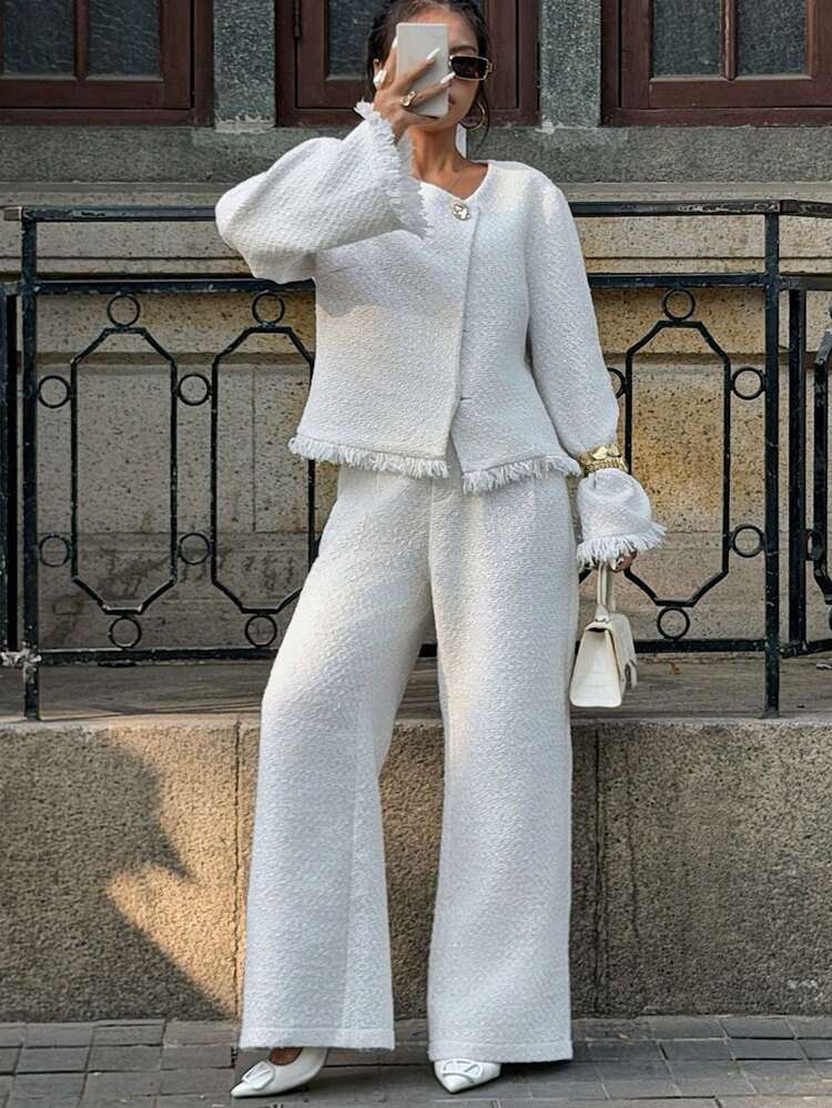 Elyressa Conjunto De 2 Piezas De Chaqueta Y Pantalones De Unicolor Elegante Y Casual Para Mujer | SHEIN