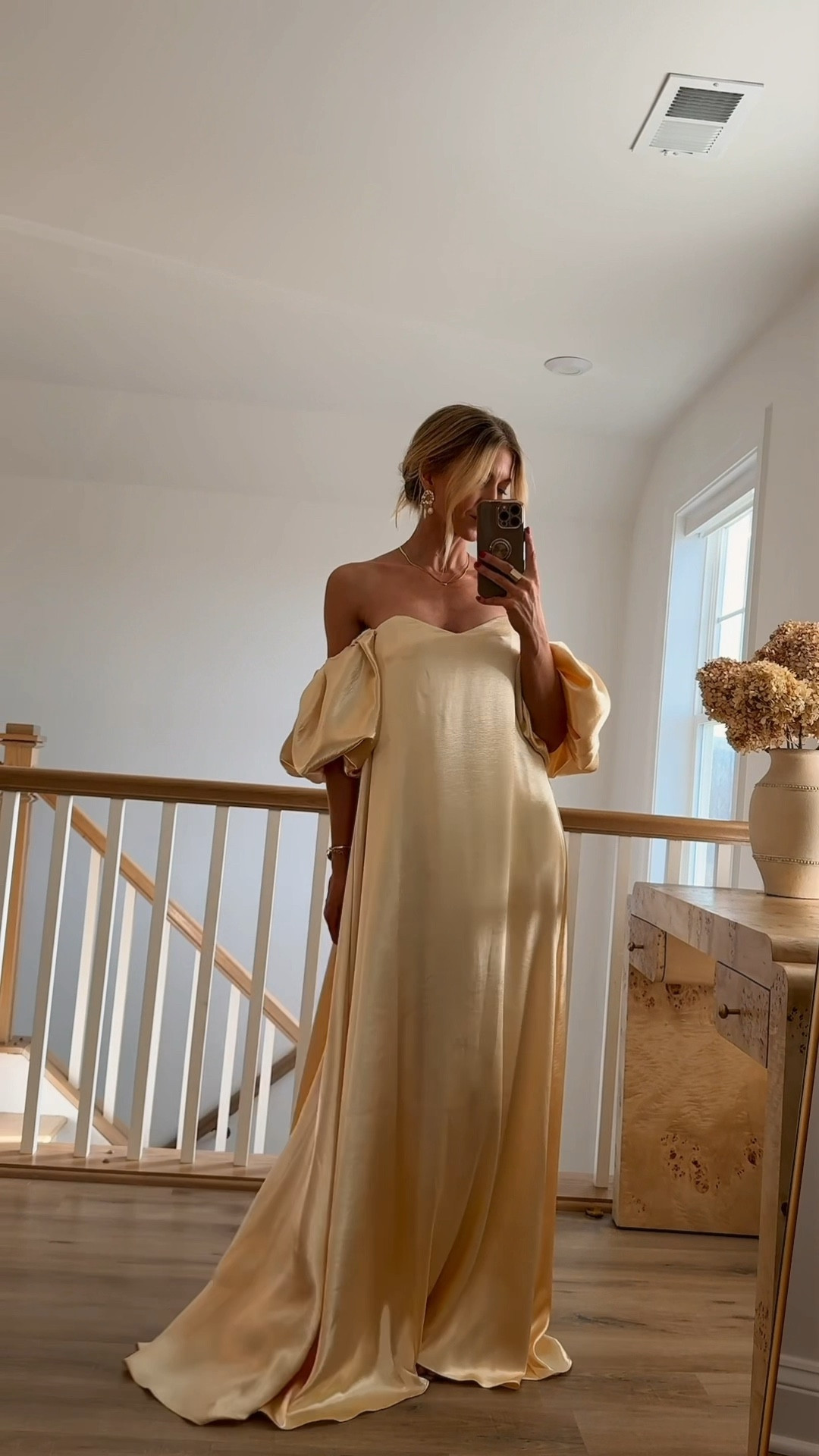 Light gold silk off the shoulder gown. Wearing an XS  

#LTKHoliday #LTKWedding