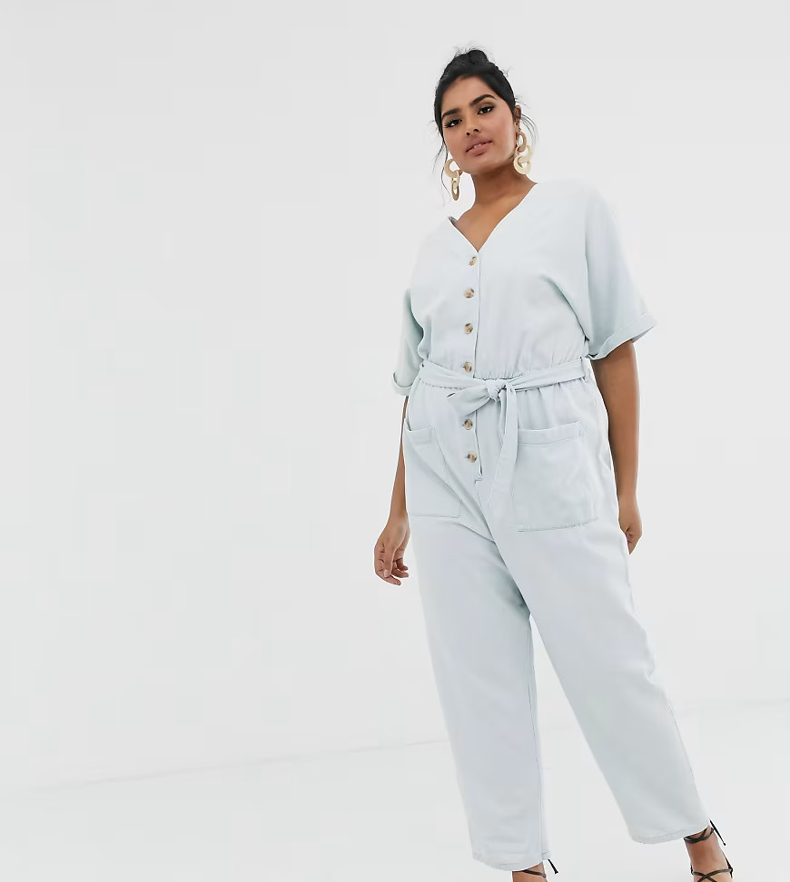 ASOS DESIGN Curve soft denim jumpsuit with button detail in lightwash blue | ASOS (Global)
