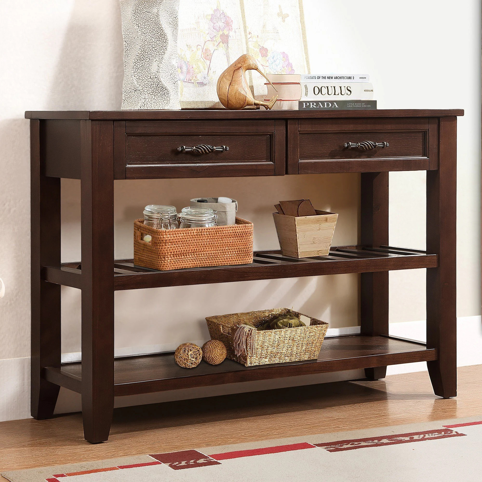 Blisstyle Console Sofa Table with 2 Storage Drawers and 2 Tiers Shelves Mid Century Style 42 Inch Solid Wood Buffet Sideboard for Living Room | Lowe's