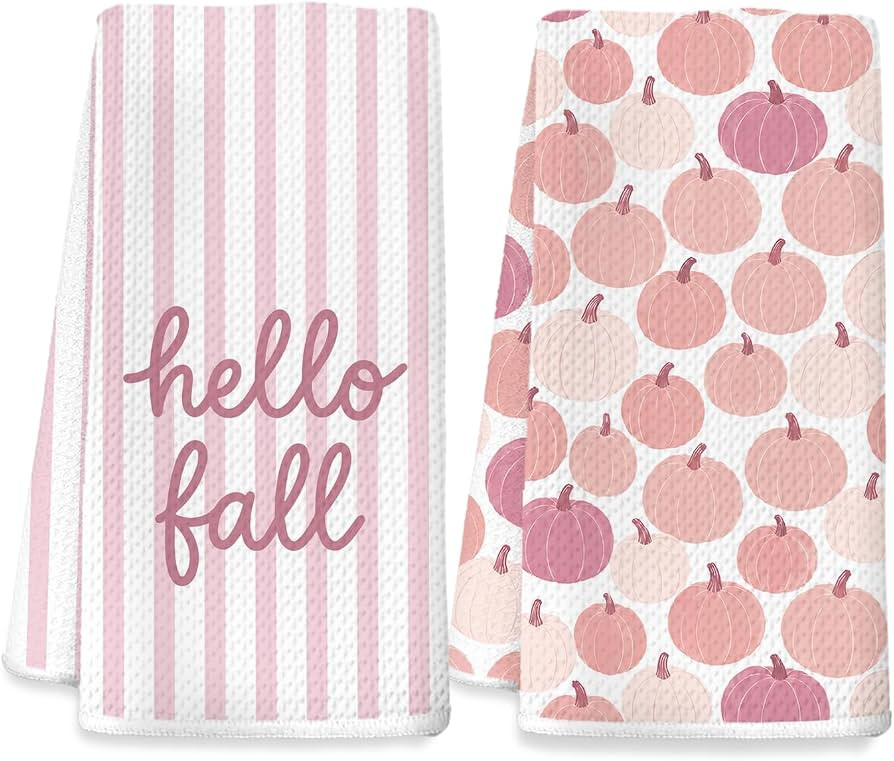 Pumpkin Fall Kitchen Towels Set of 2 for Decor Pink Stripe | Amazon (US)