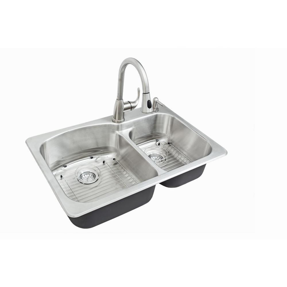 All-in-One Dual Mount Stainless Steel 33 in. 2-Hole Double Bowl Kitchen Sink Kit with Faucet | The Home Depot
