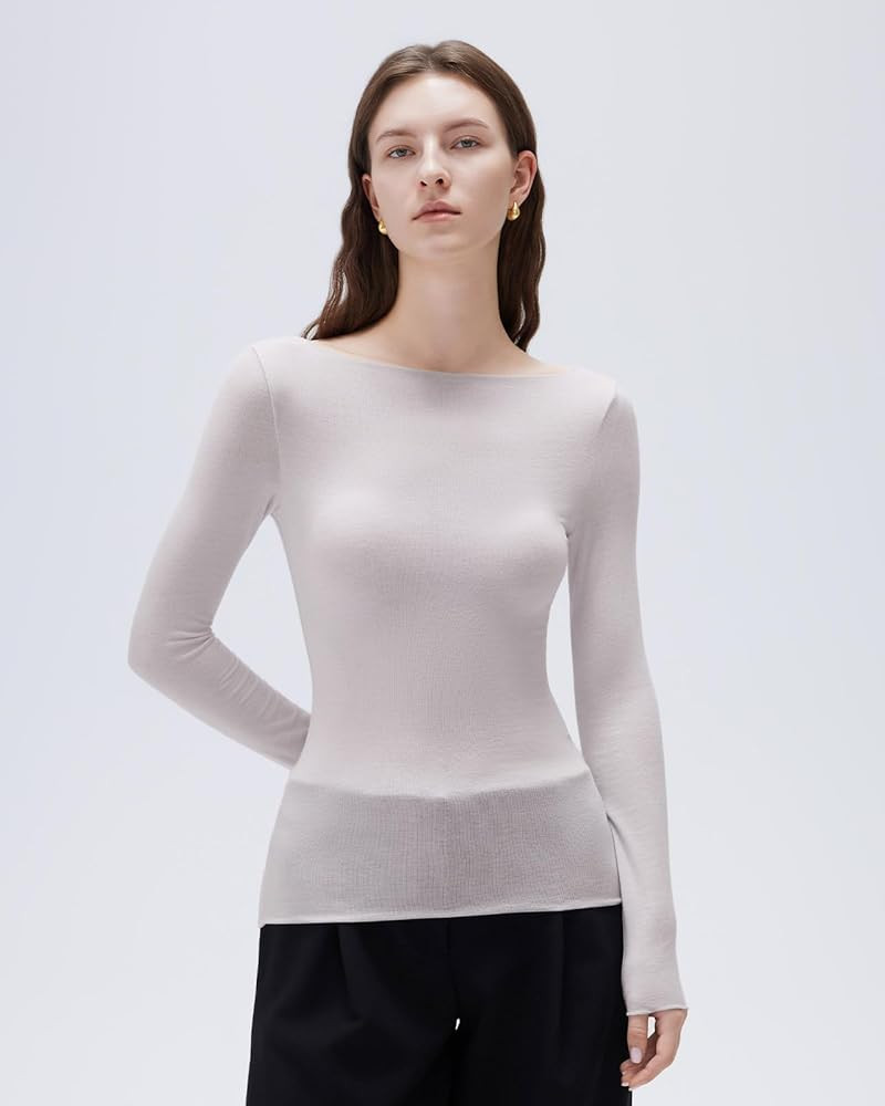 SUUKSESS Cloud Cashmere Women Boat Neck Fitted Long Sleeve Shirt Basic Knit Tops | Amazon (US)