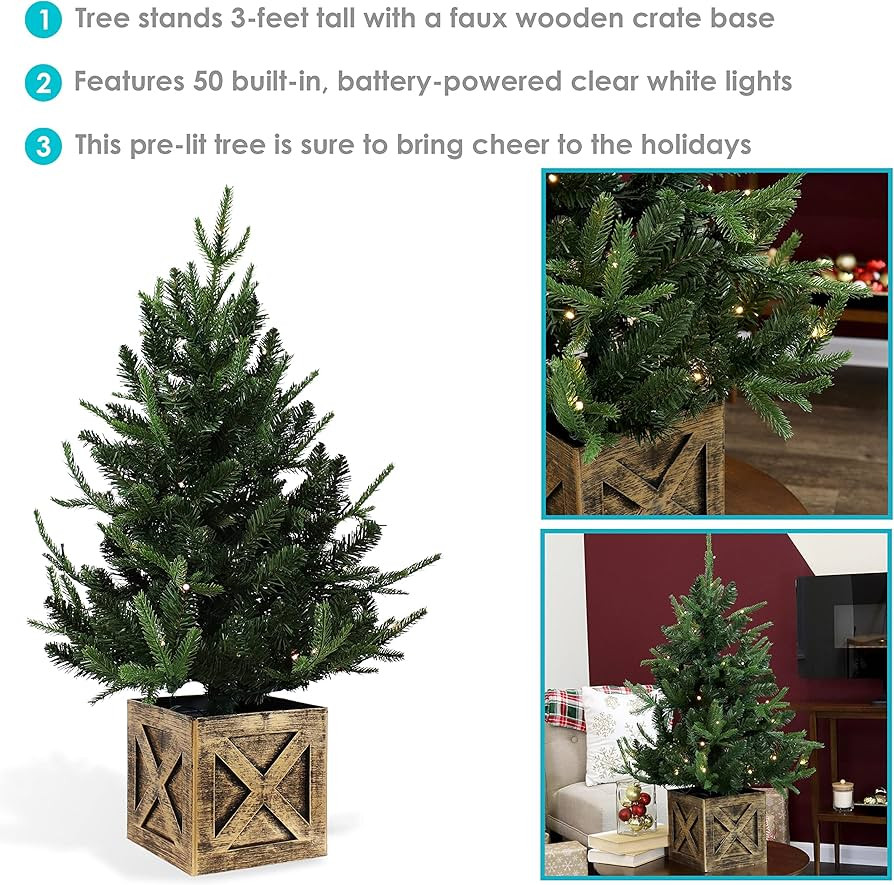 Sunnydaze 3-Foot Farmhouse Pre-Lit Artificial Christmas Tree- 272 PVC Branch Tips - 50 Battery-Operated LED Lights | Amazon (US)