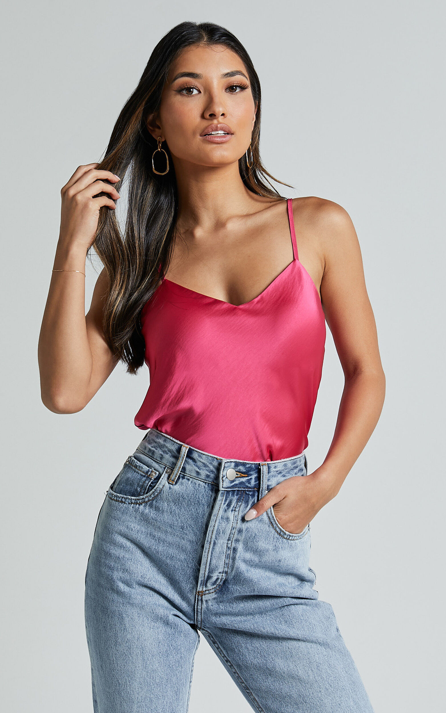 Beryl Top - Strappy V Neck Satin Cami in Pink | Showpo (US, UK & Europe)