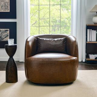 Brown Genuine Leather Swivel Barrel Armchair | The Home Depot