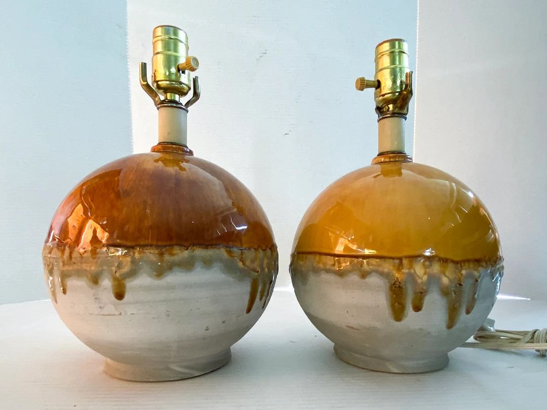 Late 1970's (1980) Pair of Drip Glaze Amber & Warm Grey Pottery / Ceramic Round Table Lamps - No ... | Etsy (US)