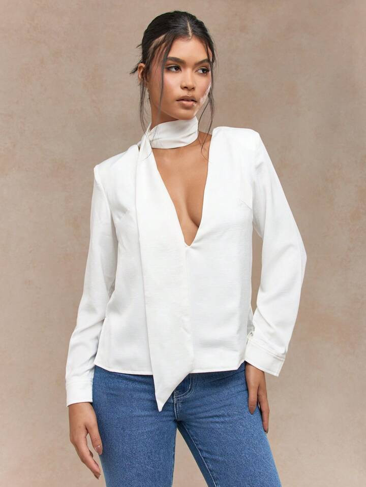 MISSGUIDED Deep V Neck Long Sleeve Blouse With Scarf | SHEIN