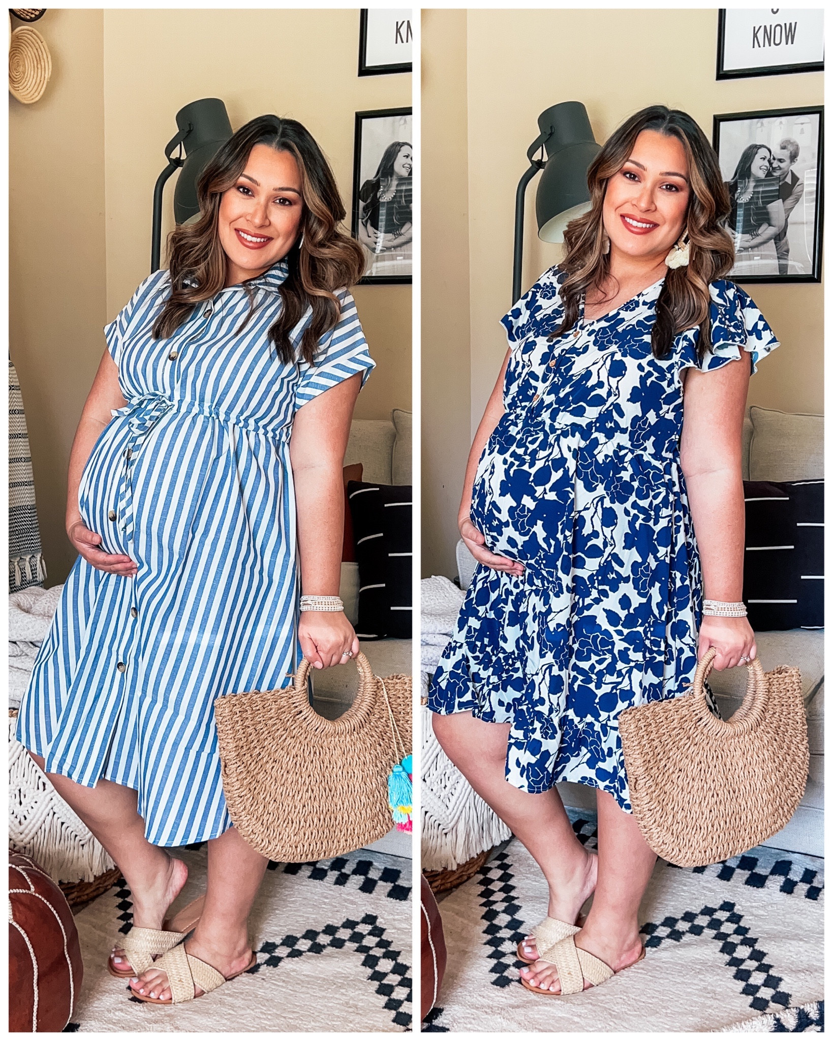 Shein summer dress or vacation dress! Bump AND nursing friendly! Wearing my normal size XL in both. Fit is true to size. Striped summer dress. Tshirt dress. Pinstripe dress. Blue floral dress. Tropical beach vacation dress. Shein try on. Maternity fashion. Bump style. Third trimester. Shein maternity.

#LTKsalealert #LTKbump #LTKtravel