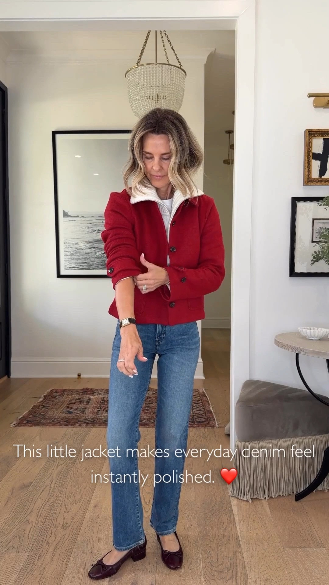 I’m 5’6”
-Jeans TTS
-White cashmere zip-up-XS
-Red jacket -S