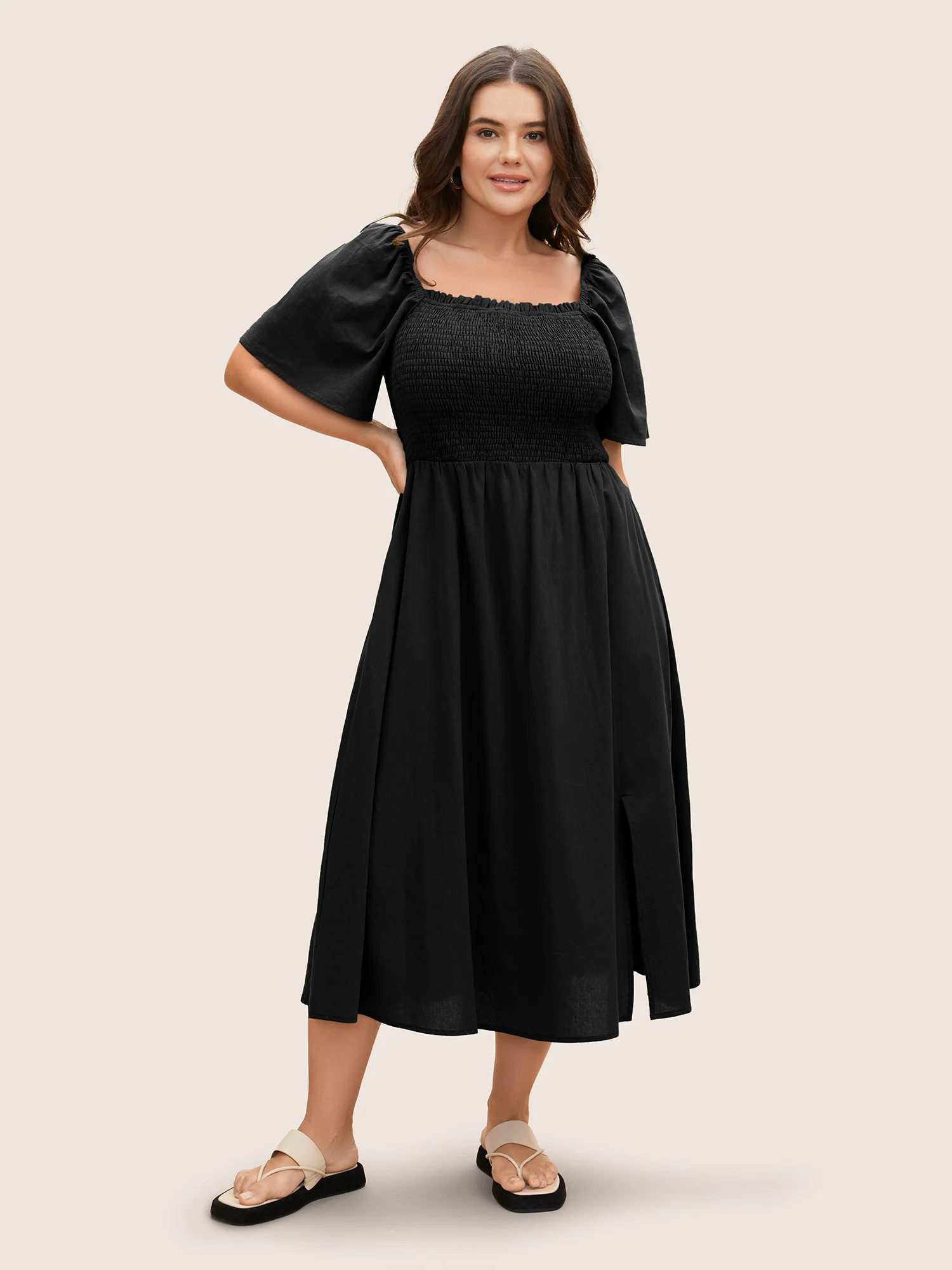 Cotton Square Neck Shirred Ruffle Sleeve Split Hem Dress | Bloomchic