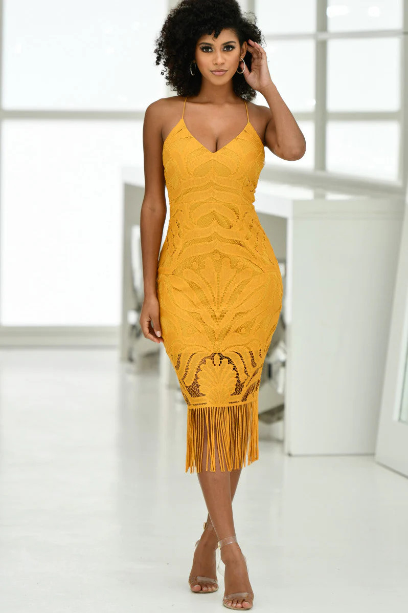 Khaleesi Dress - Mustard - Lace Dress With Fringe | Lady Black Tie