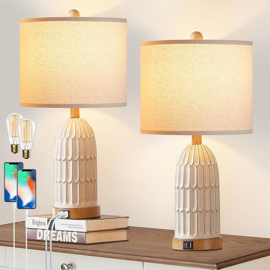 Table Lamps for Bedroom Set of 2, Farmhouse 3-Way Dimmable Touch Lamp for Nightstand with 2 USB C... | Amazon (US)