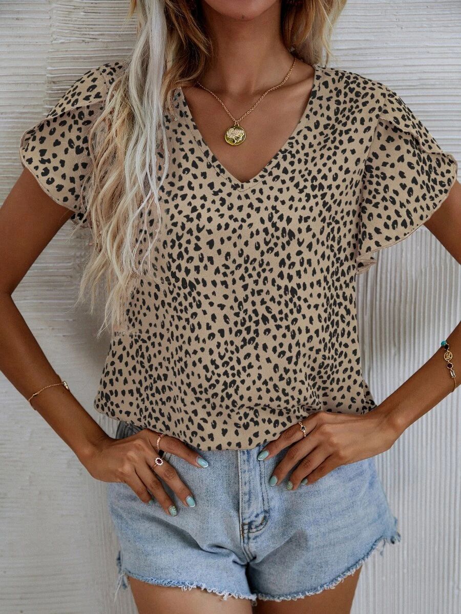 Leopard Petal Sleeve Top | SHEIN