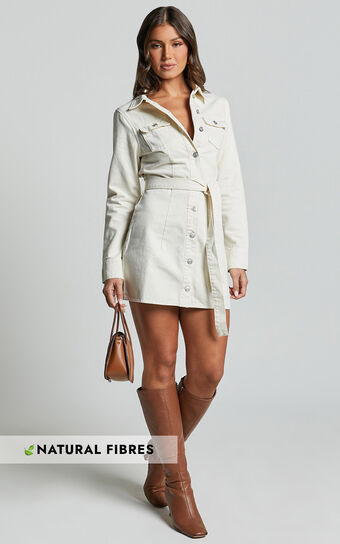 Enriquetta Mini Dress - Cotton Denim Long Sleeve Button Up Dress in Ecru | Showpo (US, UK & Europe)