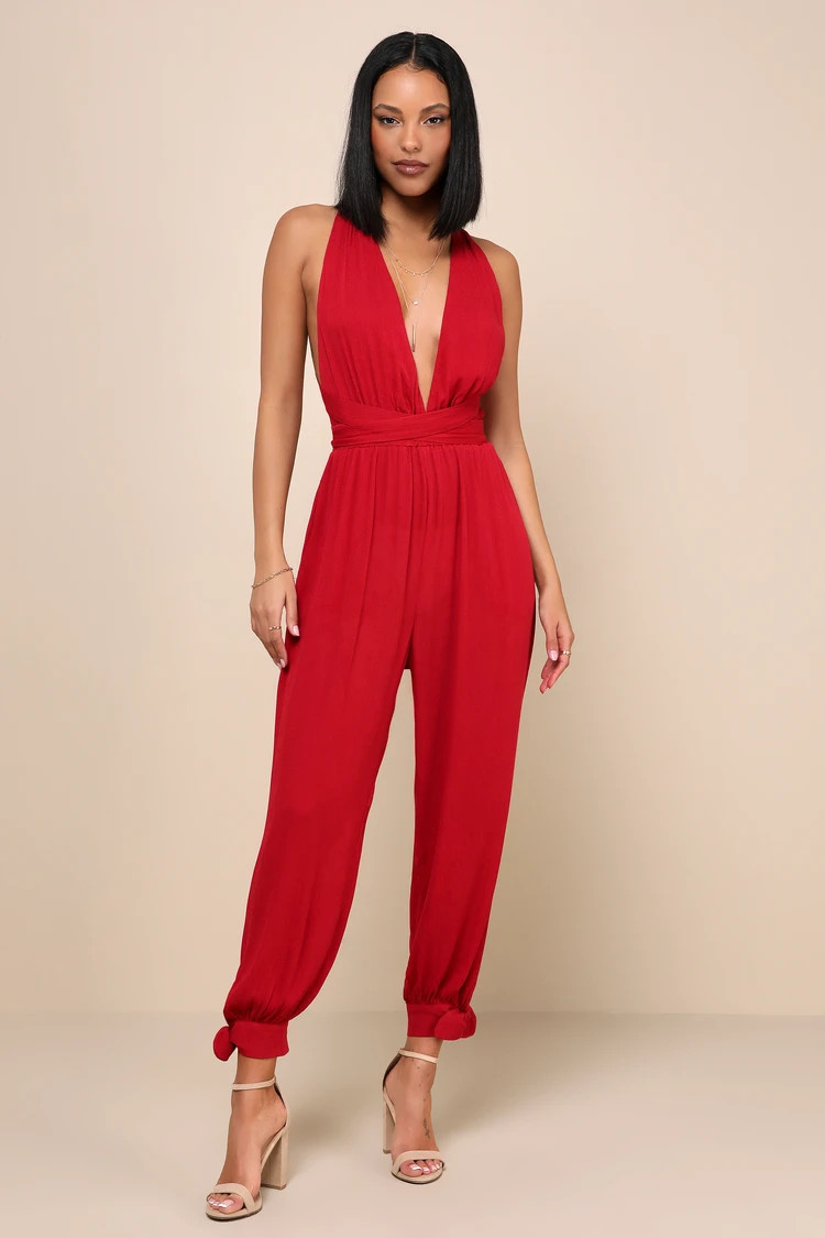 Lolinda Berry Red Convertible Halter Jumpsuit Sexy Date Night Outfits Winter Date Night Outfits 2025 | Lulus