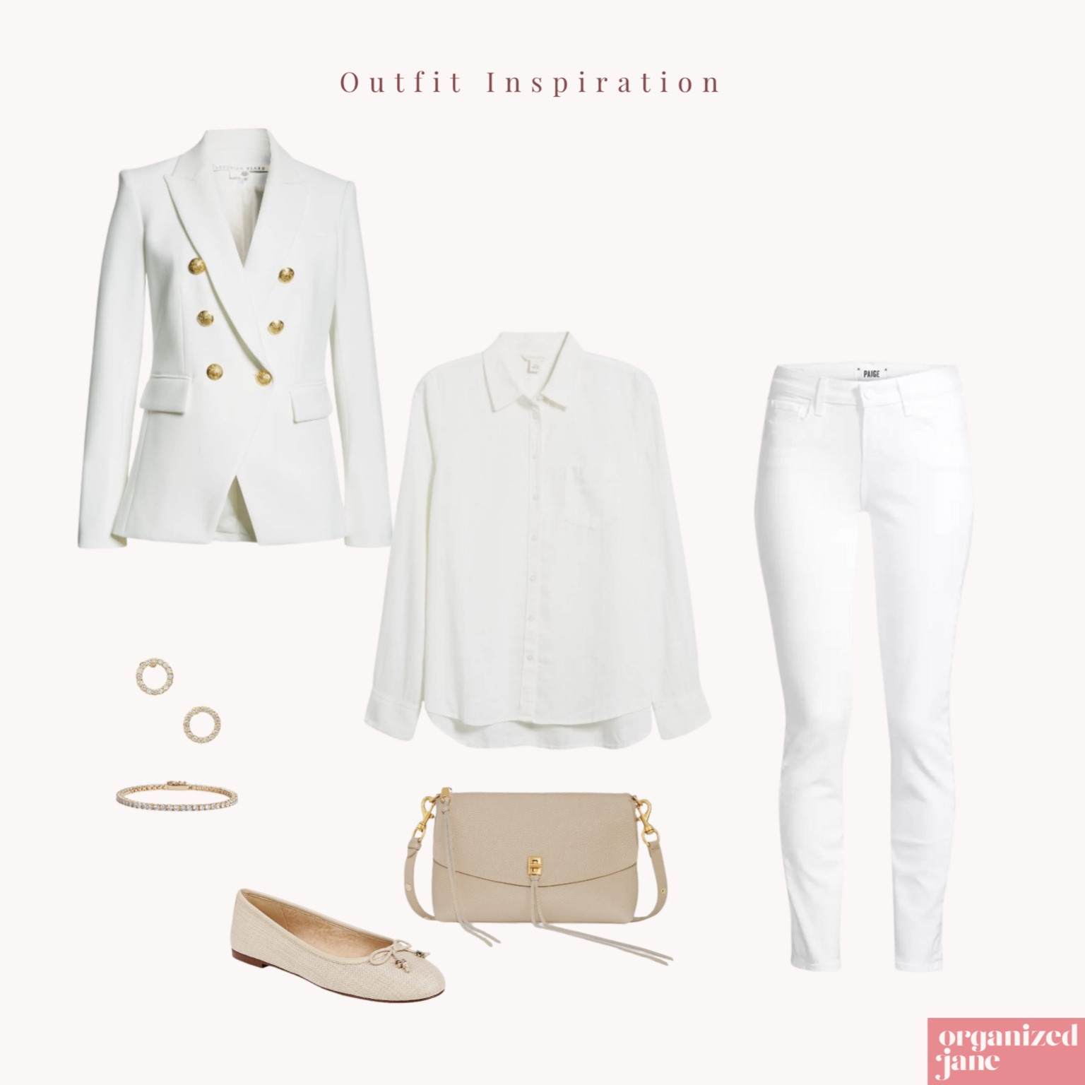 Effortlessly elegant all-white ensemble! 🤍 This outfit is perfect for a polished yet casual look, featuring a crisp white shirt paired with white jeans and a structured blazer. Accessorize with delicate jewelry, comfy flats, and a chic crossbody bag. Ideal for brunch or a day out in the city! #OutfitInspiration #WhiteOnWhite #OrganizedJane