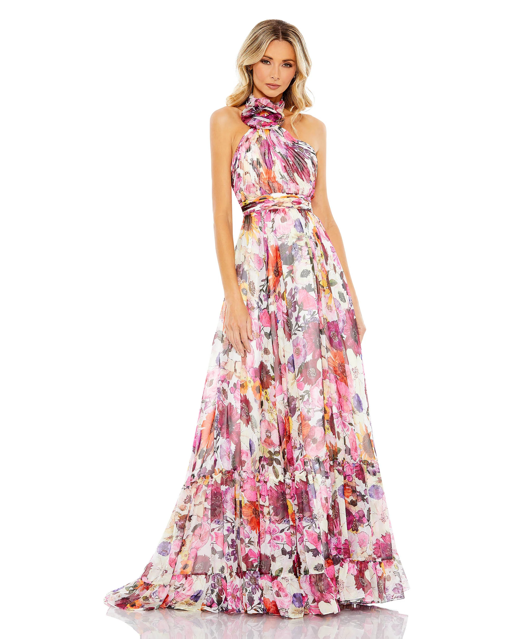 Asymmetrical Ruffled Halter Floral Gown | Mac Duggal