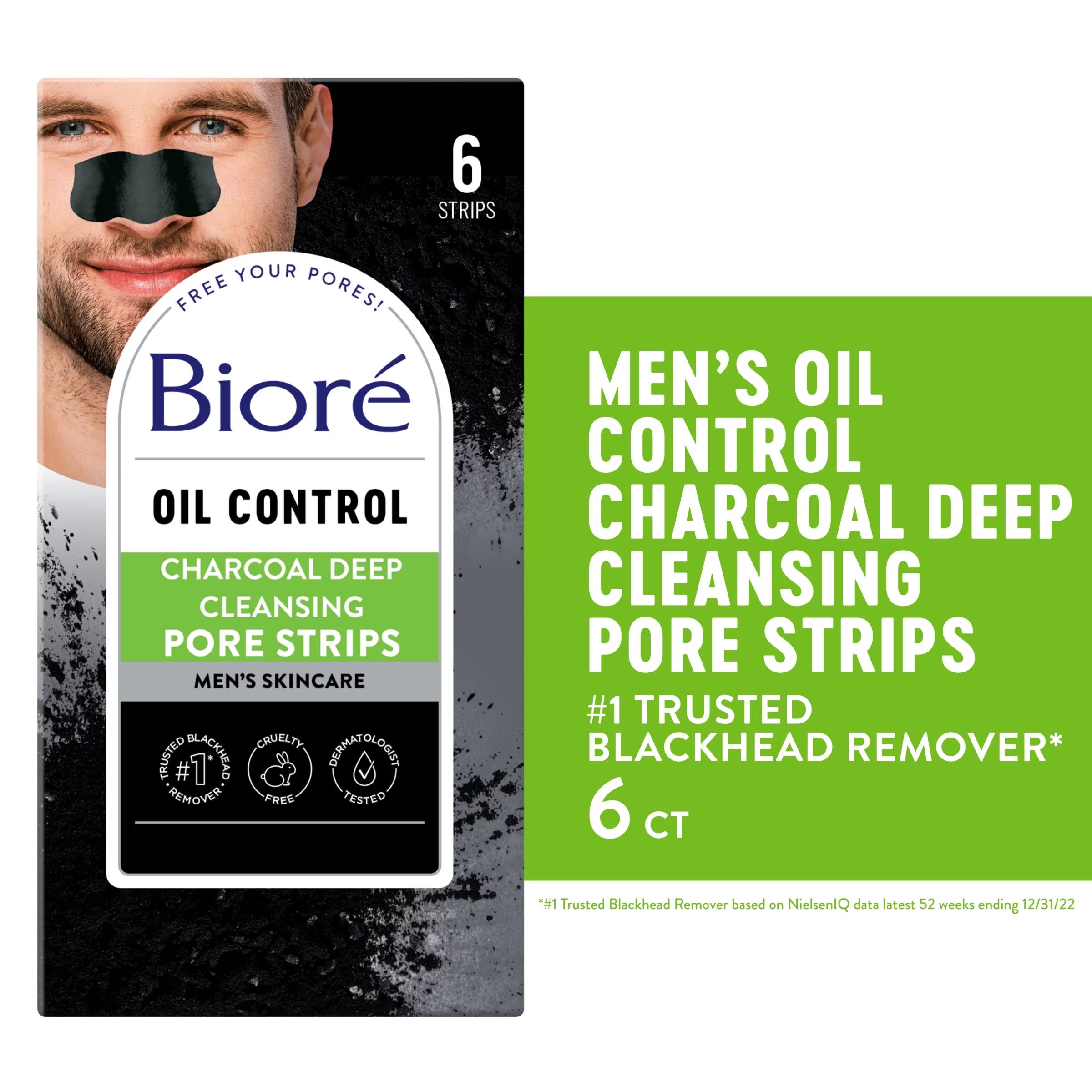 Biore Men's Skincare Charcoal Deep Cleansing Blackhead Remover Pore Strips, 6 Ct | Walmart (US)